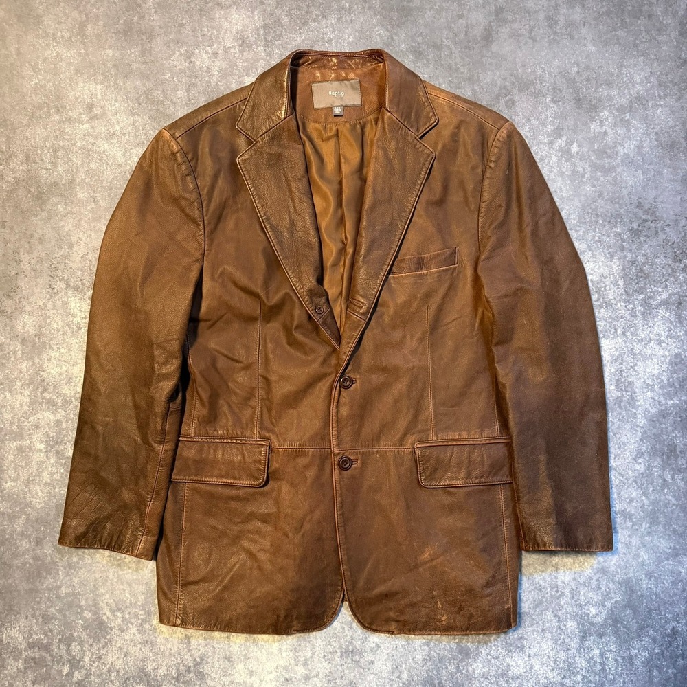 Apt 9 Mens‎ Brown 100% Leather Blazer Jacket Two Button Size 44R Coat